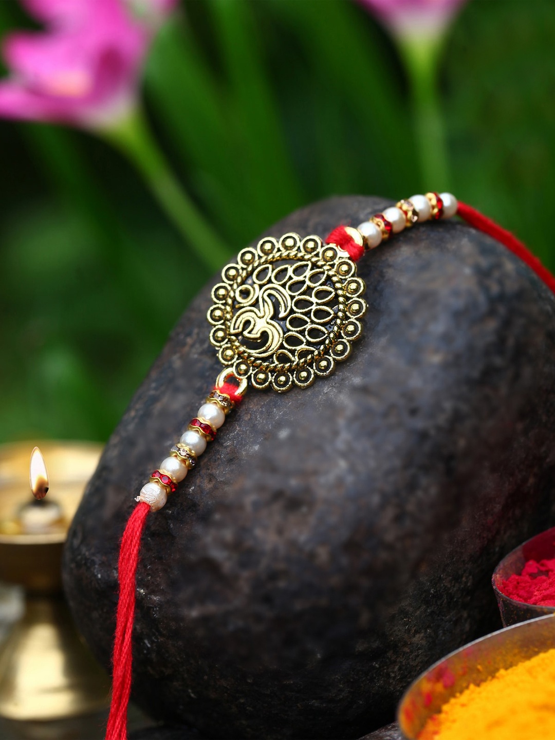 

Vighnaharta Set Of 2 Om Ganesh Charm Detail Rakhis, Gold
