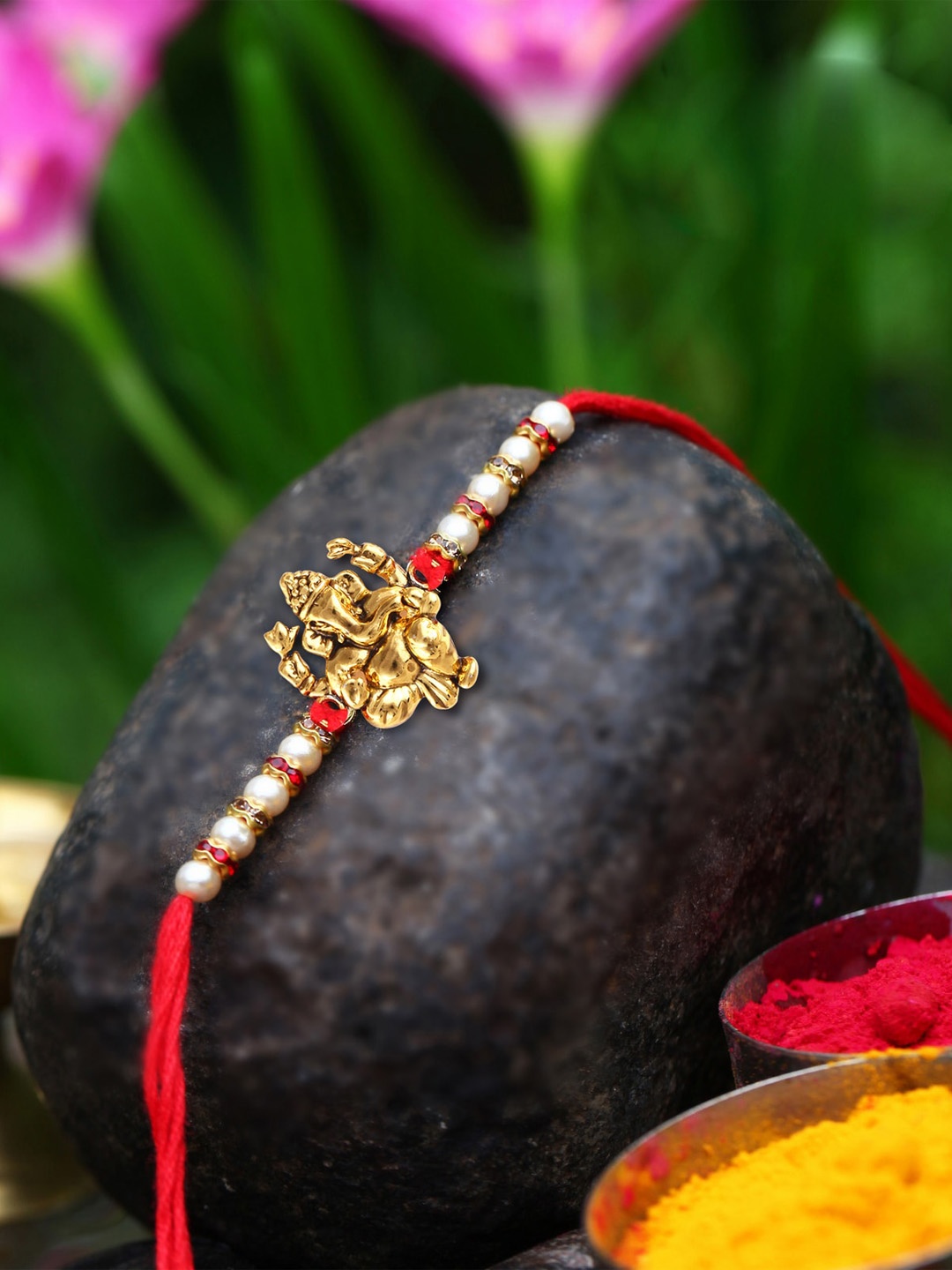 

Vighnaharta Set Of 2 Ganesh Hanuman Ji Religious Charm Detail Rakhi, Gold