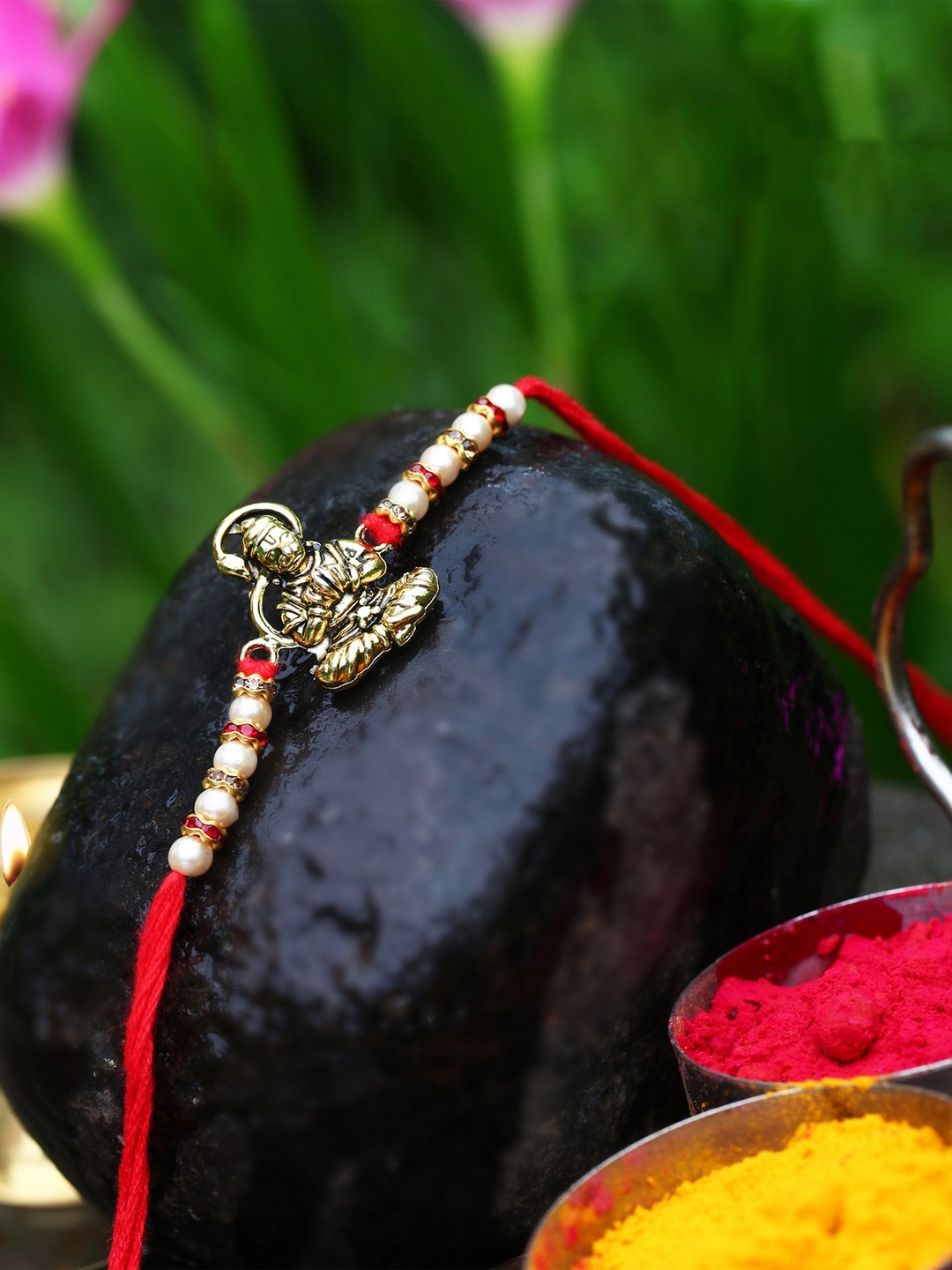 Vighnaharta Set Of 2 Hanuman Bajrangbali Religious Charm Detail Rakhi, Gold