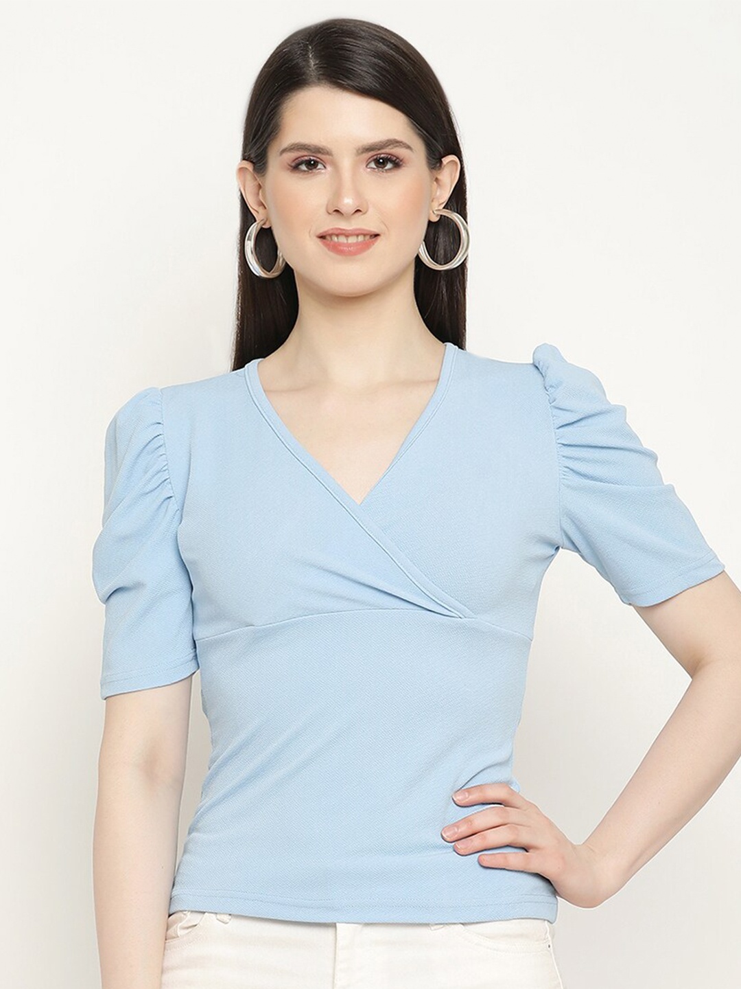 

BAESD V-Neck Puff Sleeve Gathered Regular Top, Turquoise blue