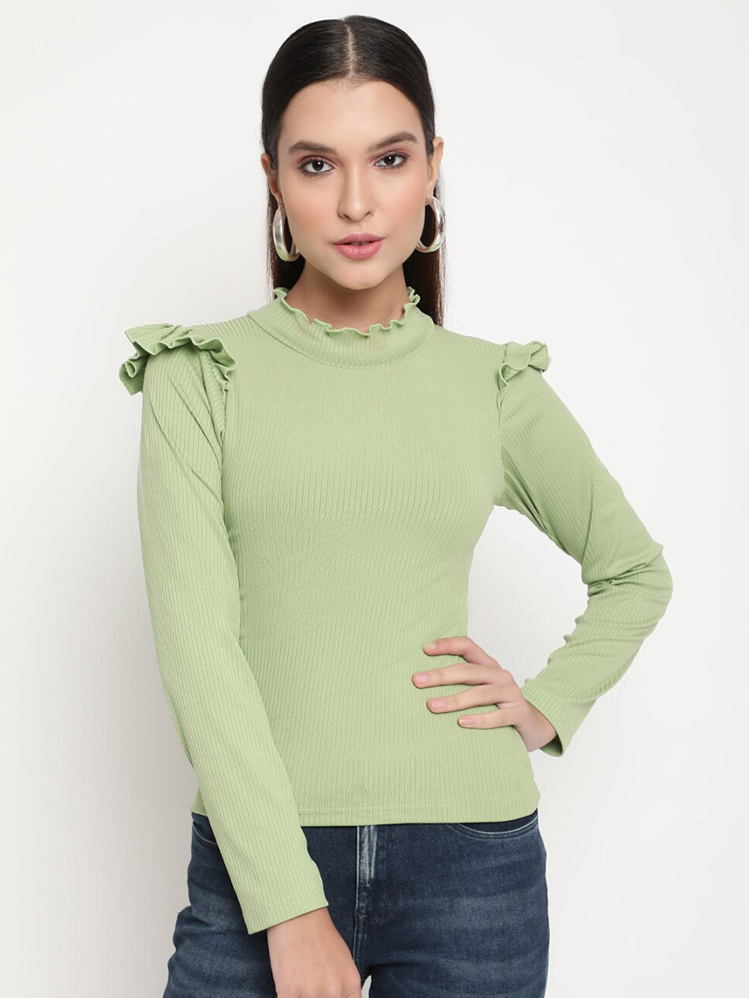 

BAESD High Neck Long Sleeve Ruffled Regular Top, Green