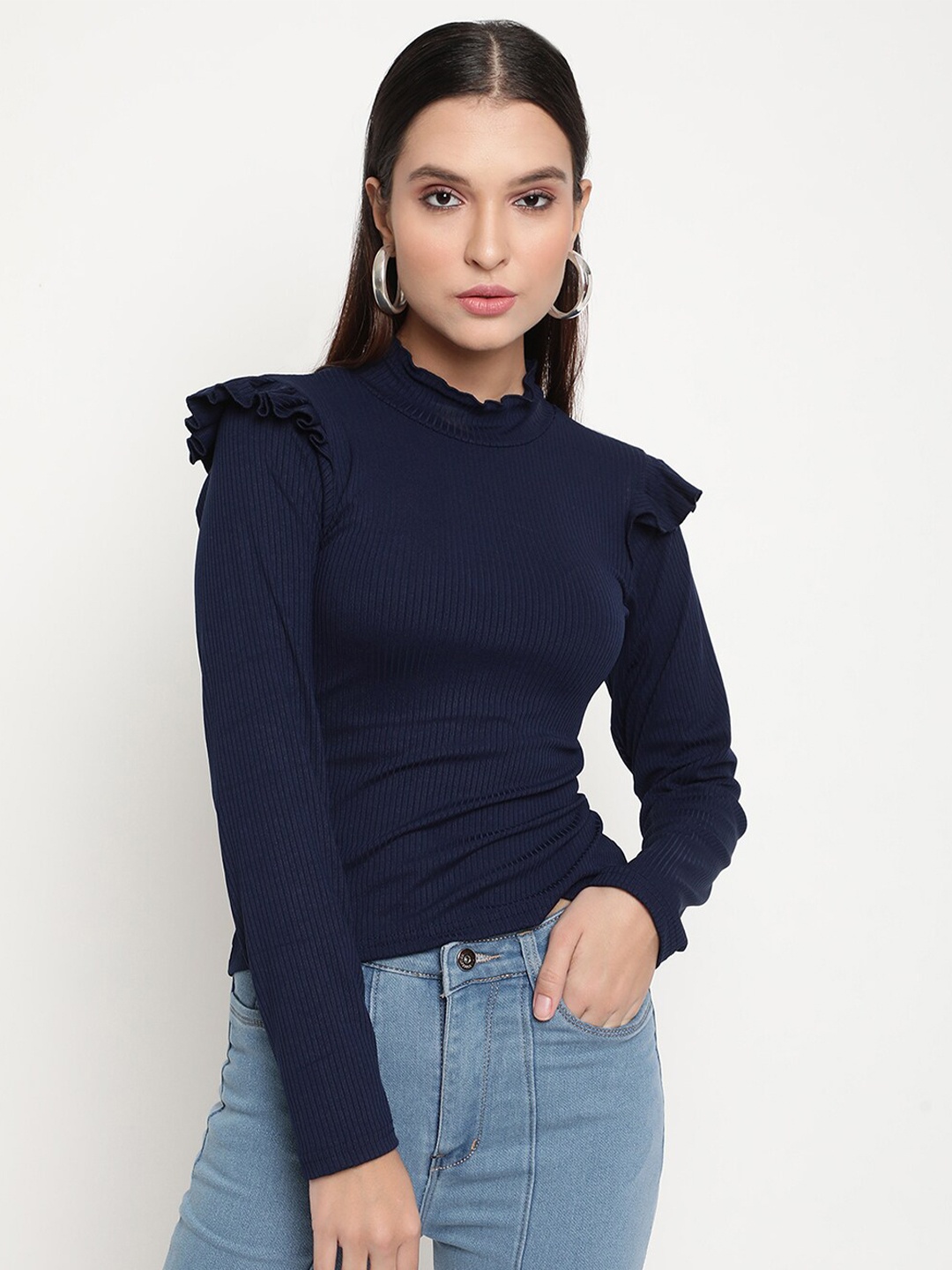 

BAESD High Neck Long Sleeve Ruffled Regular Top, Navy blue