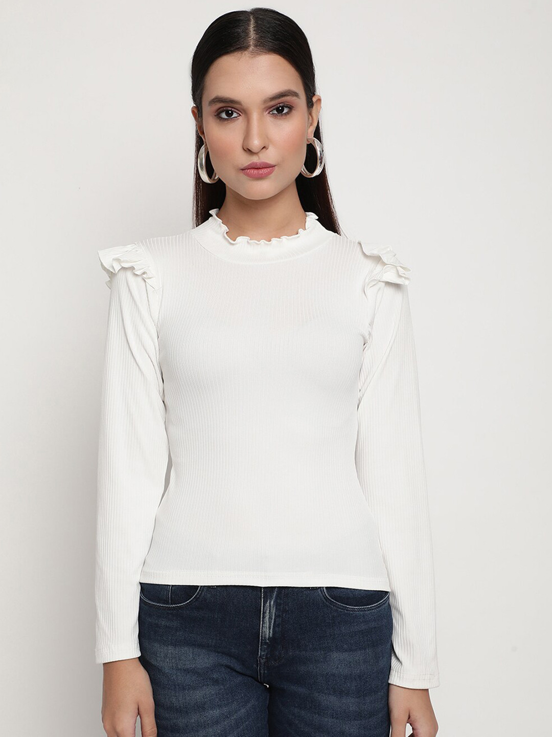 

BAESD High Neck Long Sleeve Ruffled Regular Top, White