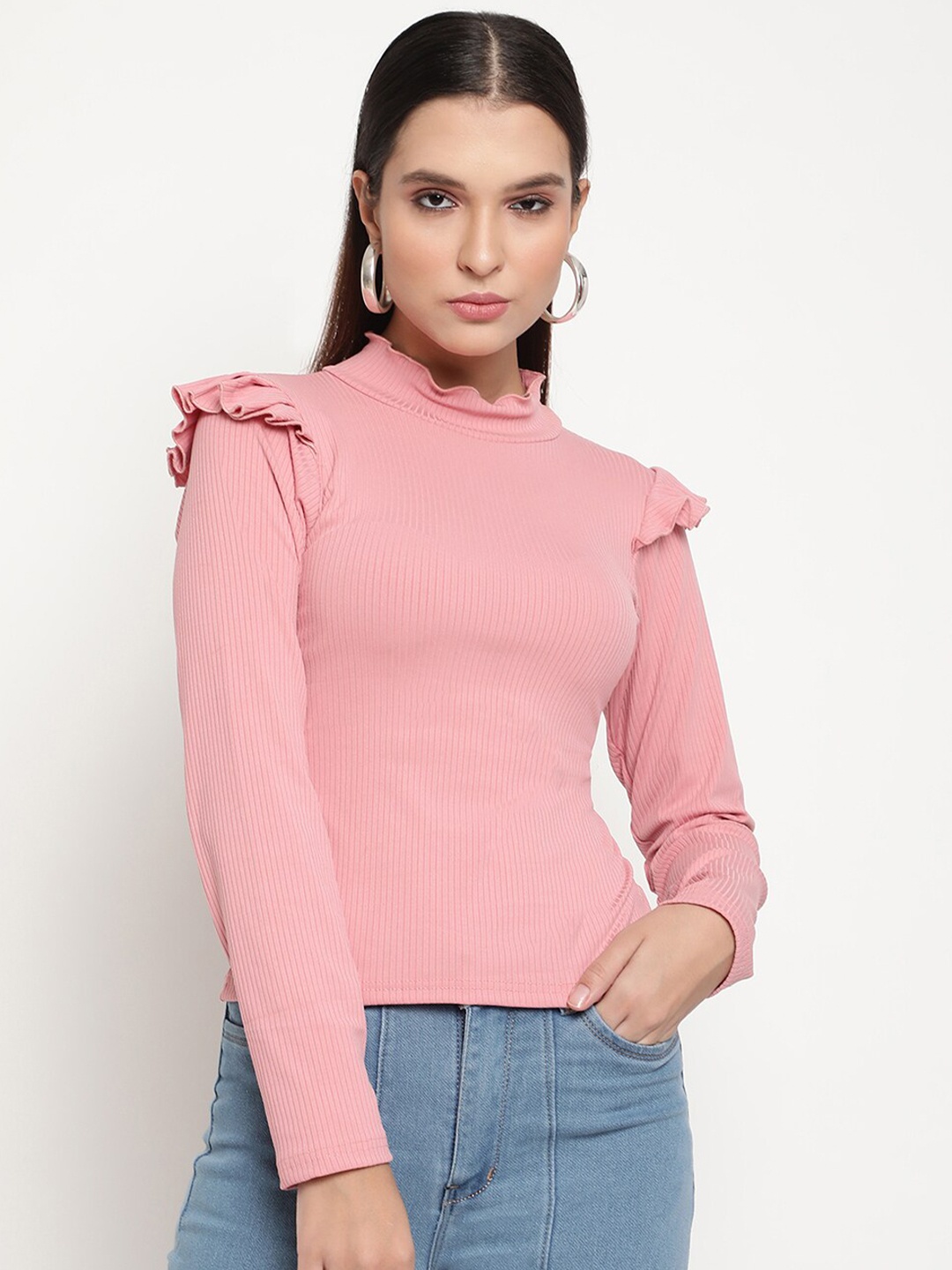 

BAESD High Neck Long Sleeve Ruffled Regular Top, Peach