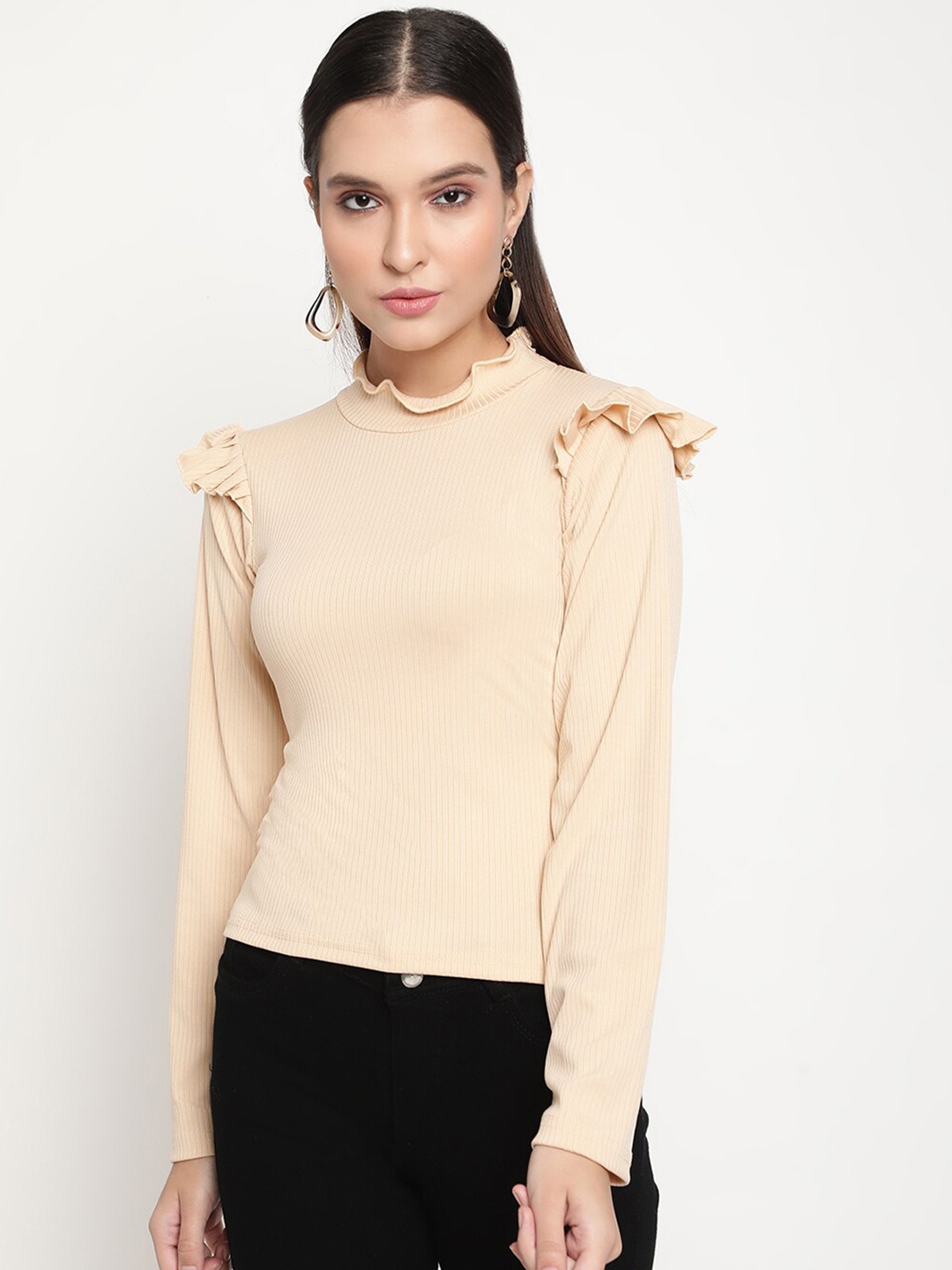 

BAESD High Neck Long Sleeve Ruffled Regular Top, Nude