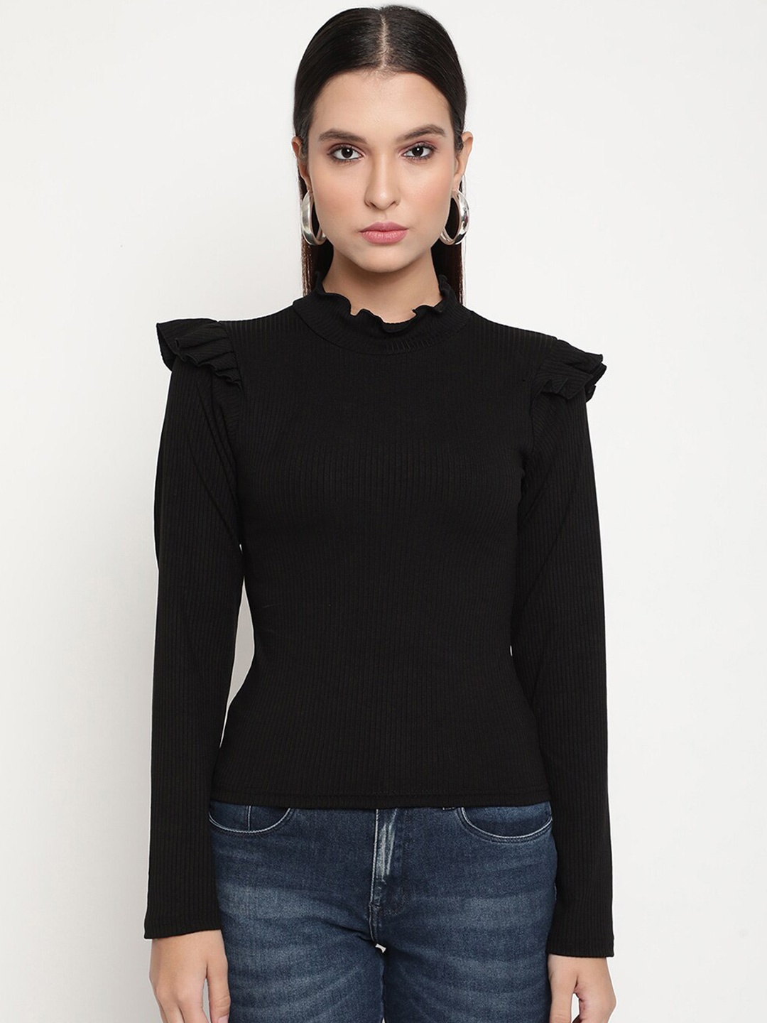 

BAESD High Neck Long Sleeve Ruffled Regular Top, Black