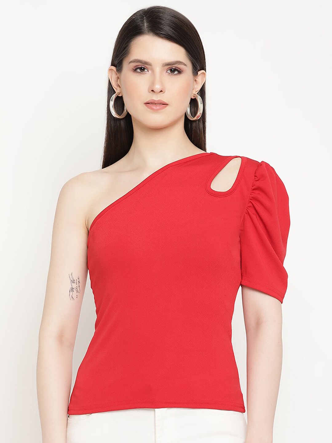 

BAESD One Shoulder Puff Sleeve Cut-Outs Regular Top, Red