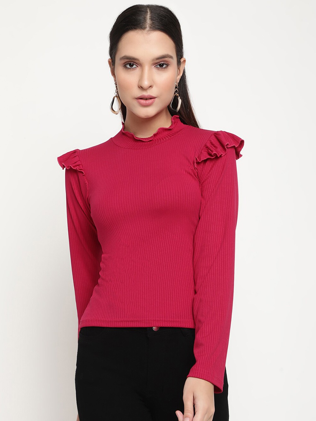 

BAESD High Neck Long Sleeve Ruffled Regular Top, Magenta