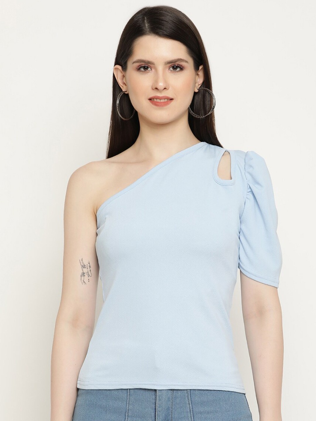 

BAESD One Shoulder Puff Sleeve Cut-Outs Regular Top, Turquoise blue