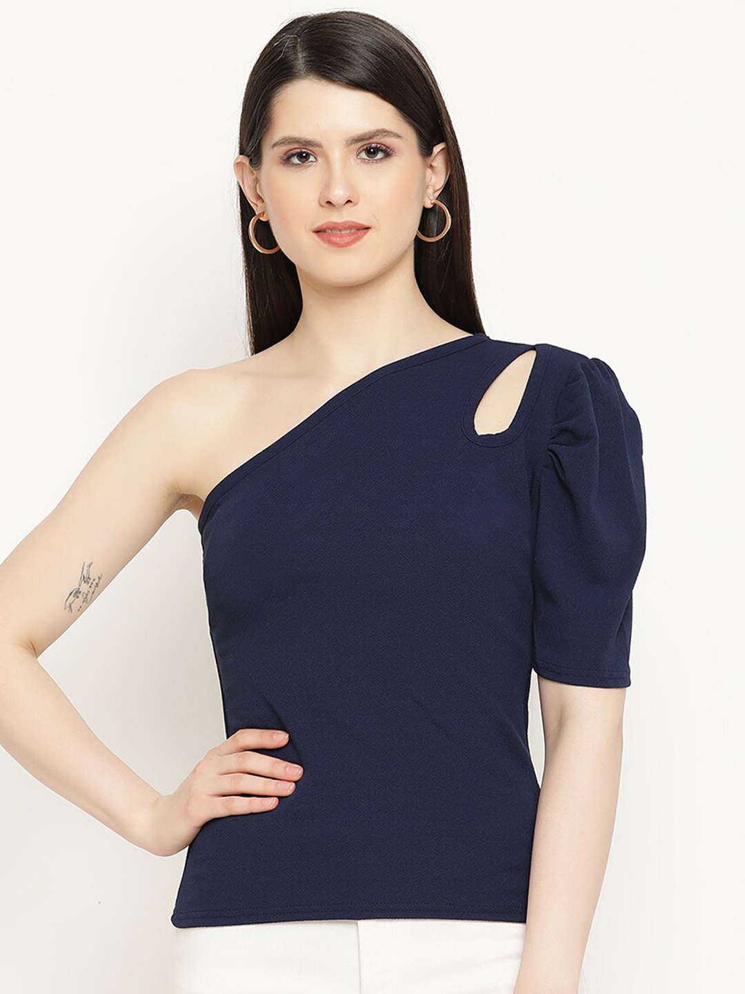 

BAESD One Shoulder Puff Sleeve Cut-Outs Regular Top, Navy blue
