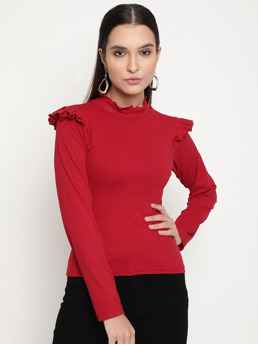 

BAESD High Neck Long Sleeve Ruffled Regular Top, Maroon