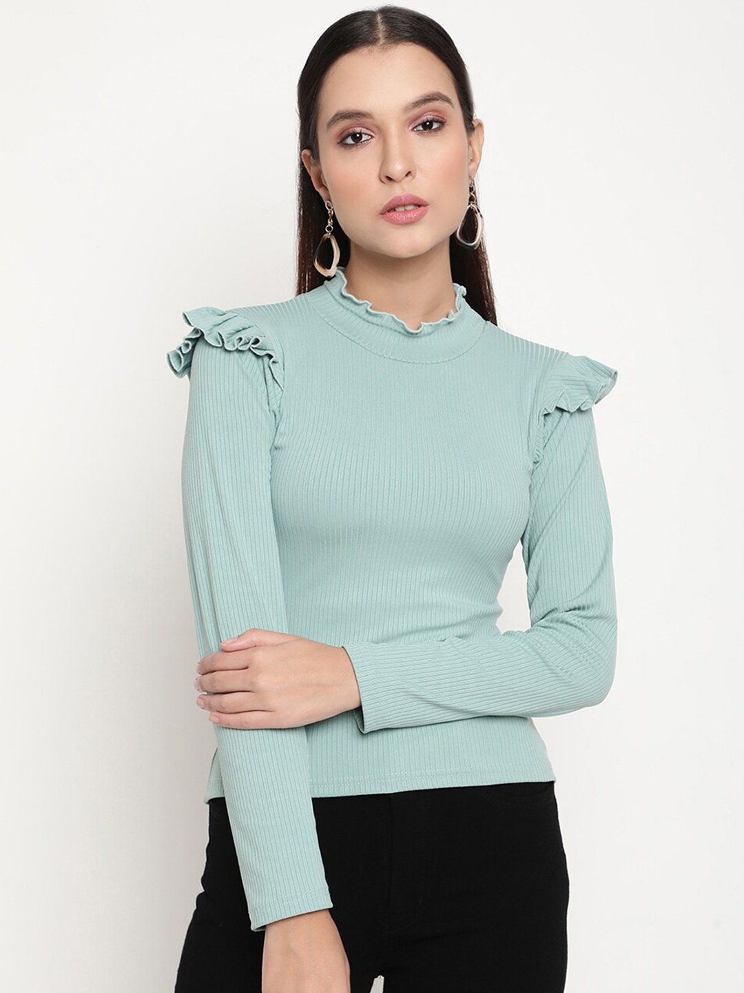

BAESD High Neck Long Sleeve Ruffled Regular Top, Teal