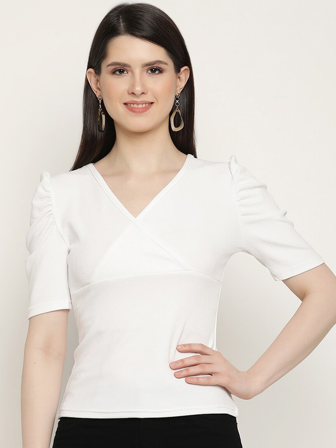 

BAESD V-Neck Puff Sleeve Gathered Regular Top, White