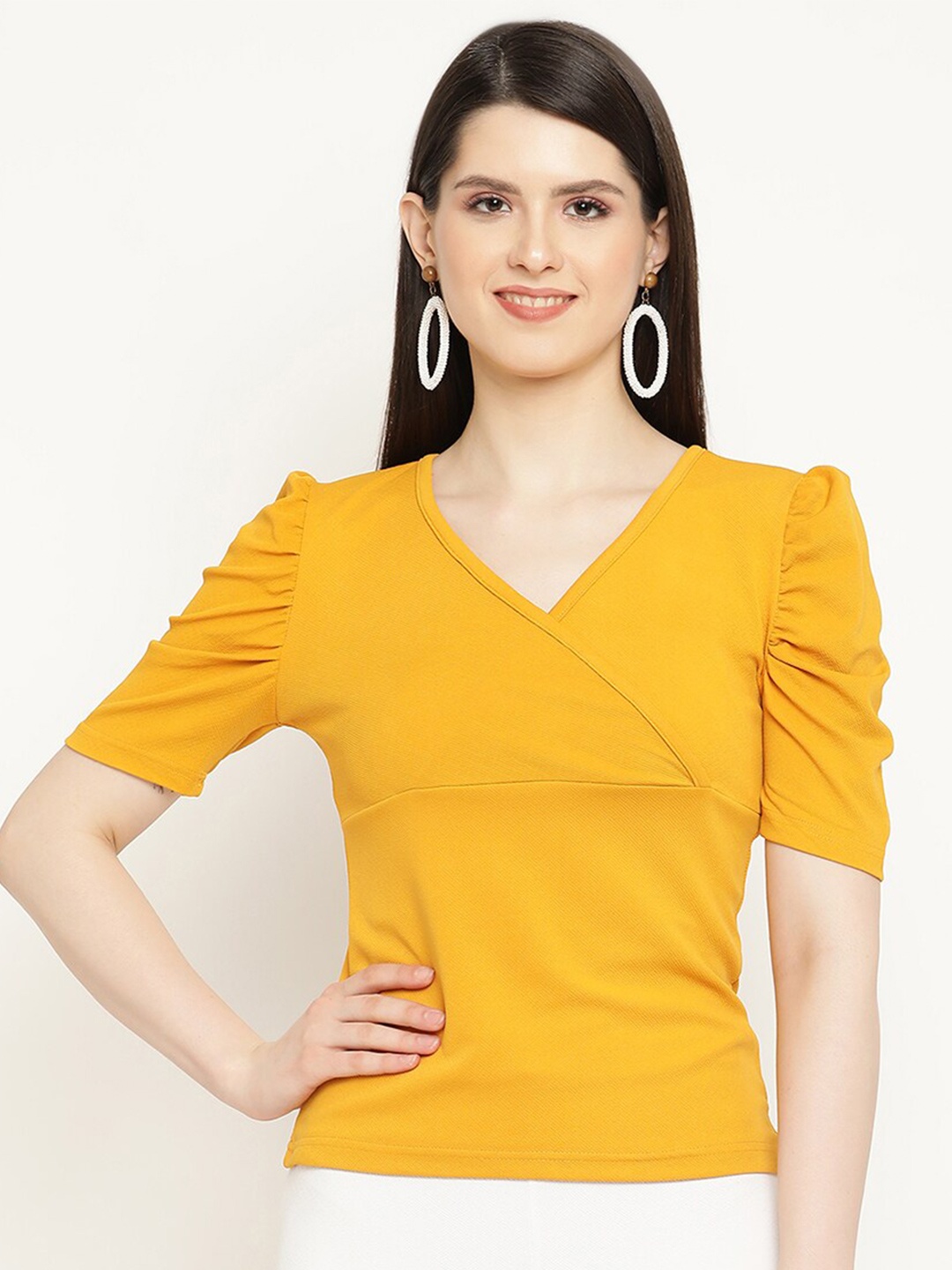 

BAESD V-Neck Puff Sleeves Wrap Top, Yellow