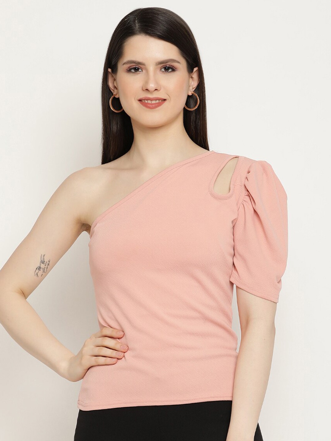 

BAESD One Shoulder Puff Sleeves Cut-Out Detail Regular Top, Peach