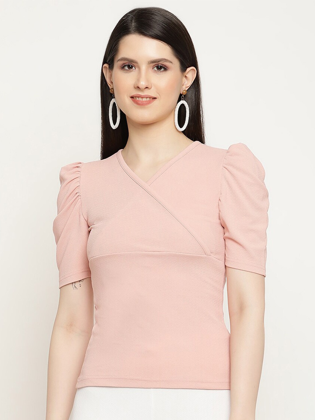 

BAESD V-Neck Puff Sleeves Wrap Top, Peach