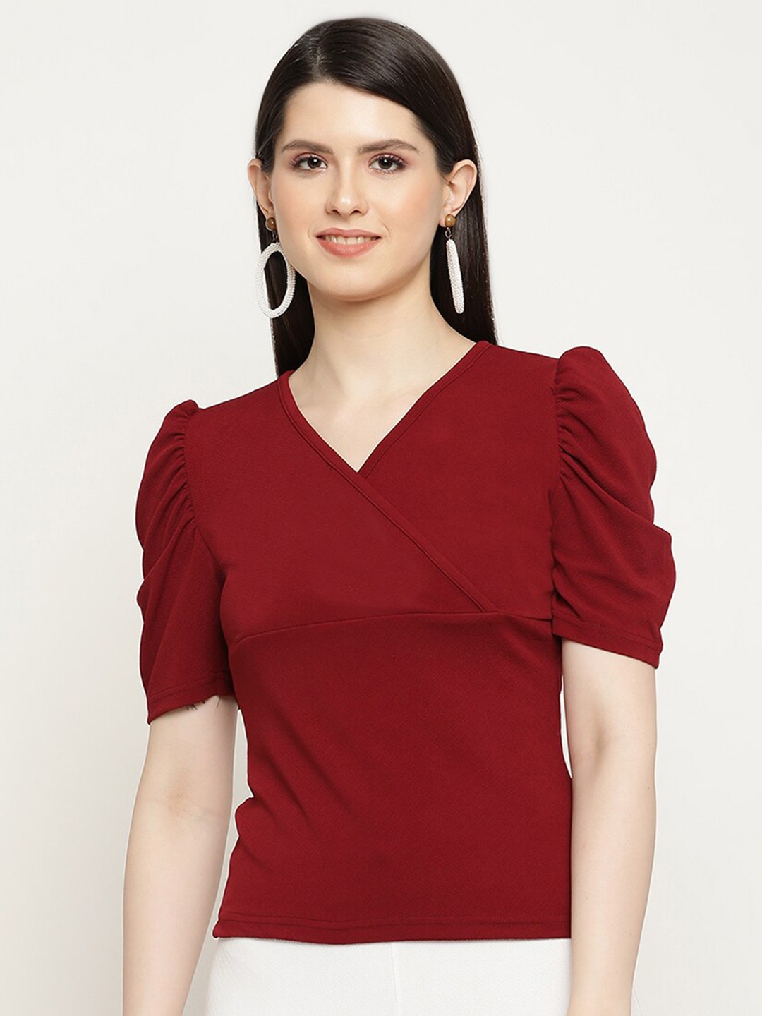 

BAESD V-Neck Puff Sleeves Wrap Top, Maroon