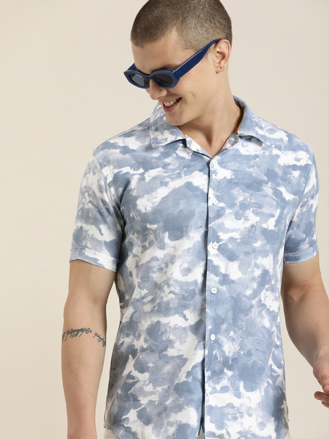 

HERE&NOW Men Slim Fit Opaque Printed Casual Shirt, Blue