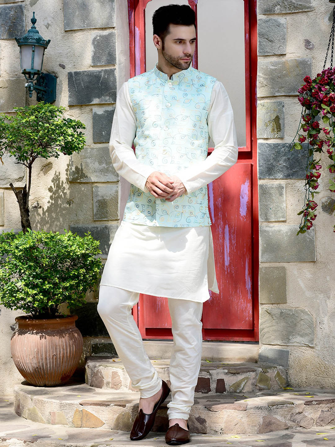 

HOUSE OF DEYANN Mandarin Collar Pure Cotton Kurta with Churidar & Nehru Jacket, White