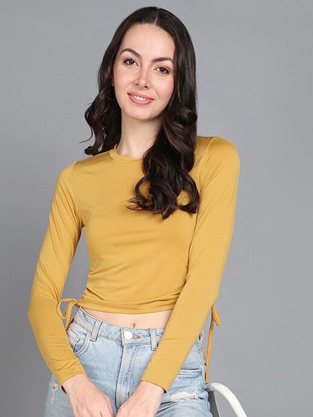 

Mast & Harbour Yellow Round Neck Ruched Regular Crop Top