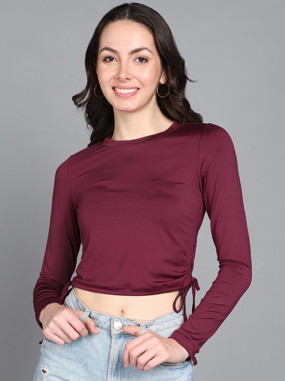 

Mast & Harbour Maroon Round Neck Ruched Regular Crop Top