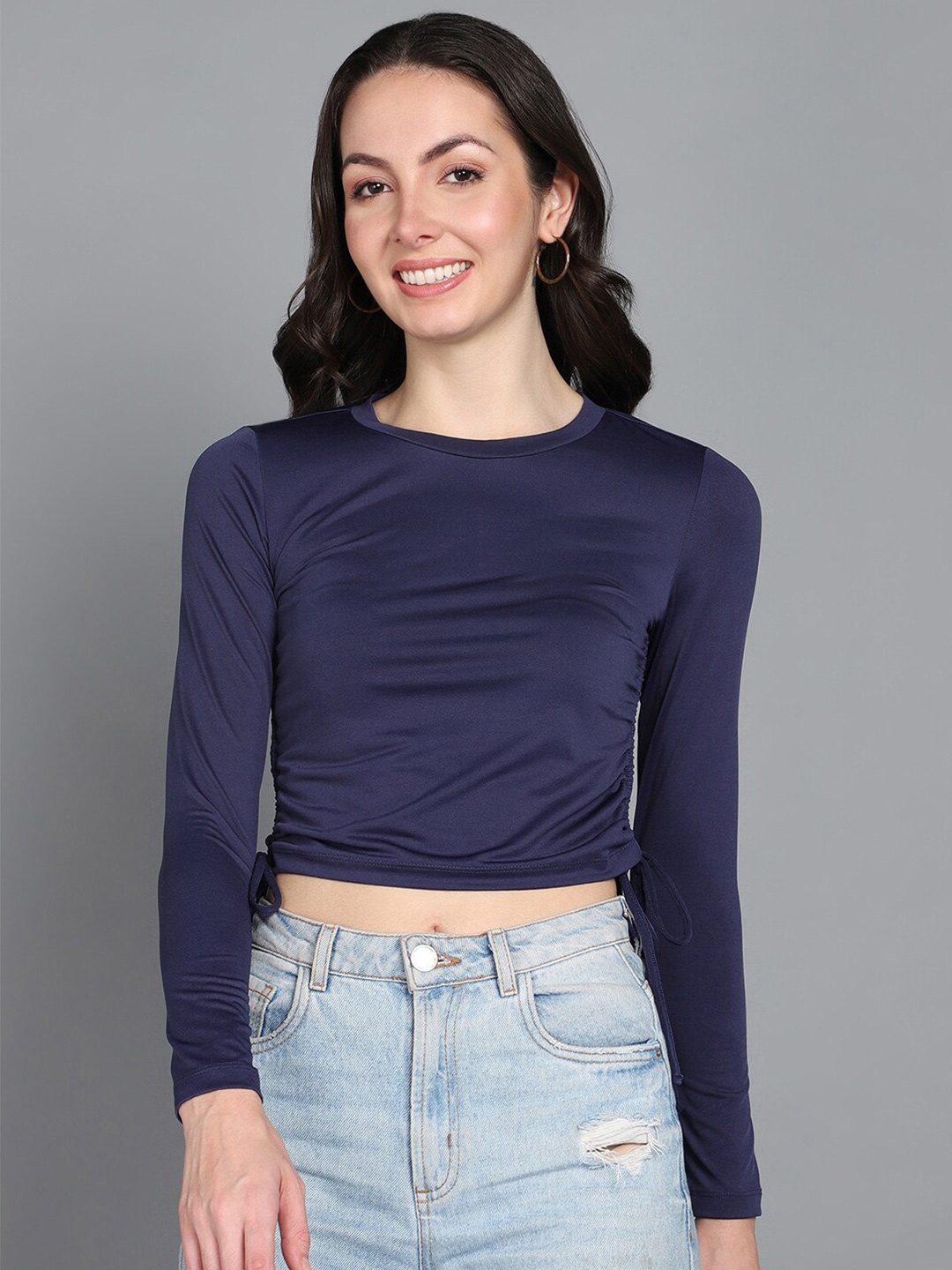 

Mast & Harbour Navy Blue Round Neck Ruched Regular Crop Top