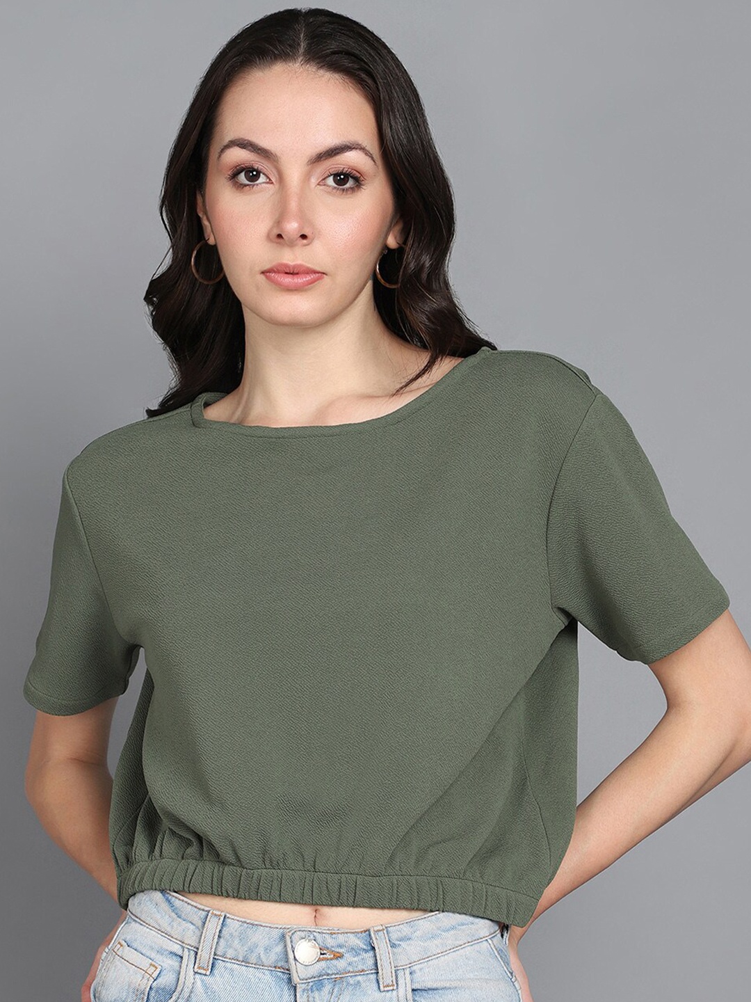 

Mast & Harbour Olive Green Extended Sleeves Boxy Top