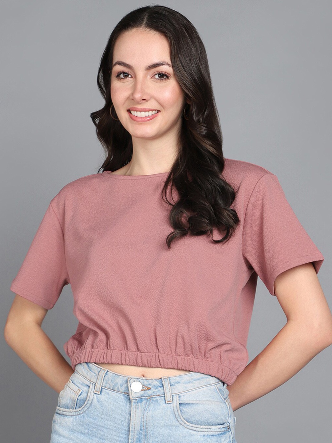 

Mast & Harbour Rose Round Neck Gathered Blouson Crop Top