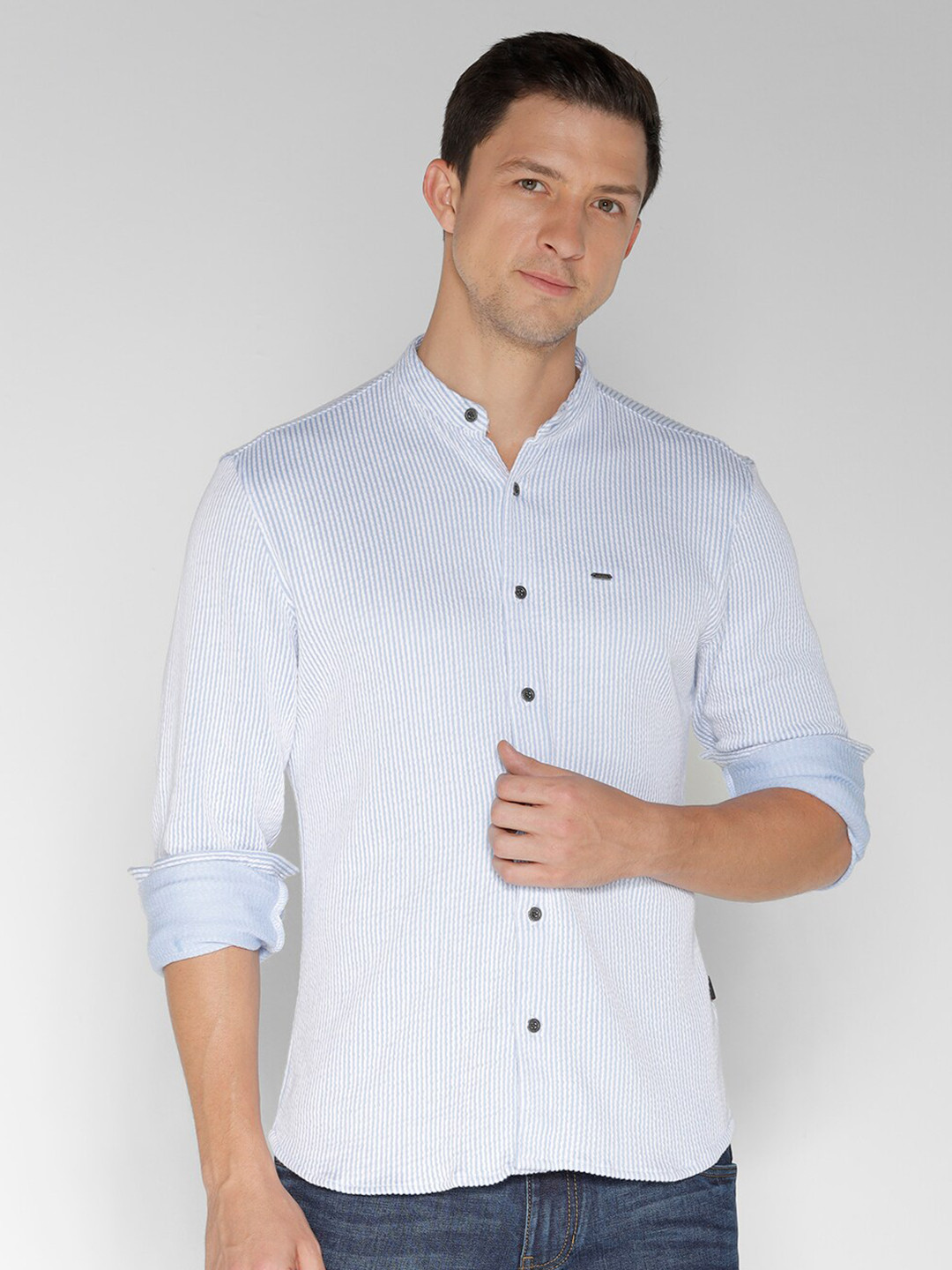 

IDENTITI India Slim Slim Fit Striped Band Collar Cotton Casual Shirt, Blue