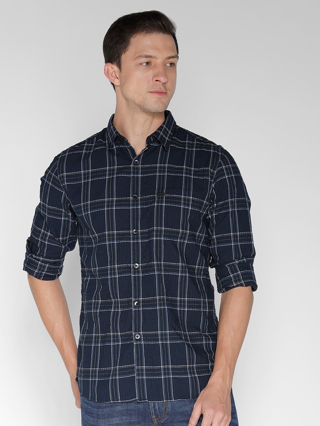 

IDENTITI India Slim Slim Fit Tartan Checks Cotton Casual Shirt, Navy blue