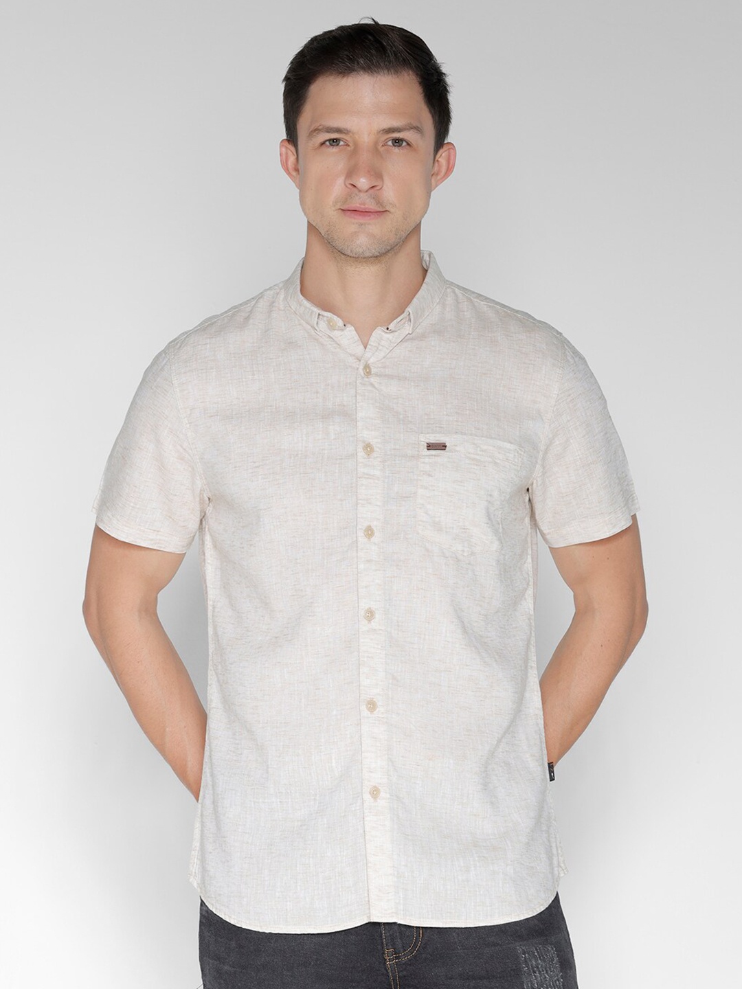 

IDENTITI Slim Fit Opaque Cotton Linen Casual Shirt, Beige