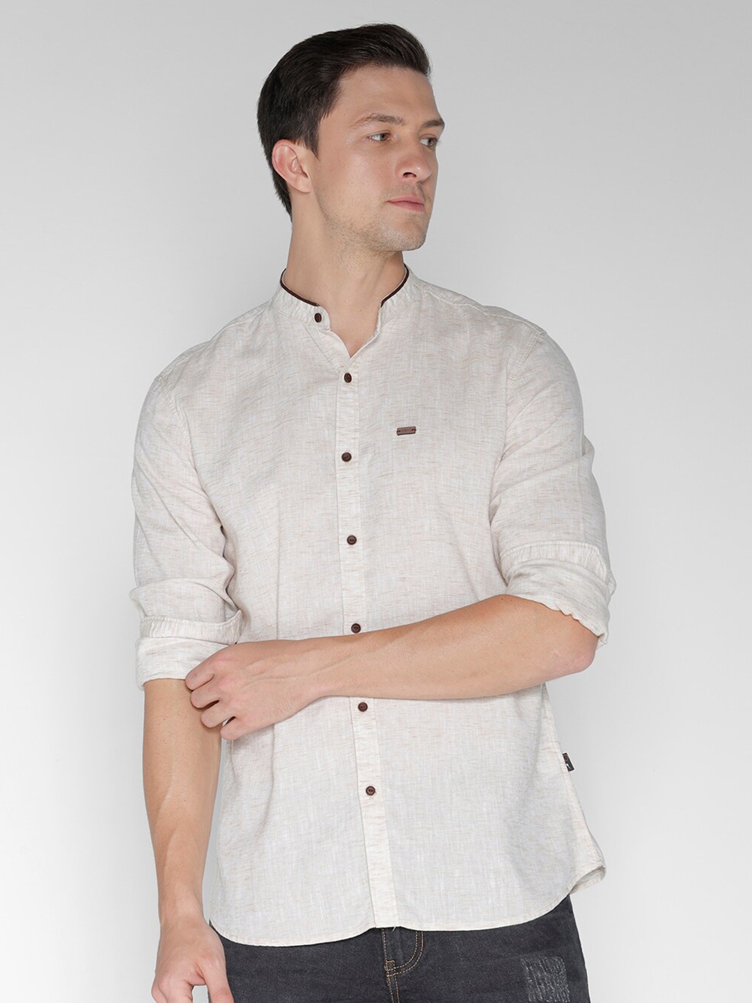 

IDENTITI Slim Fit Opaque Cotton Linen Casual Shirt, Beige