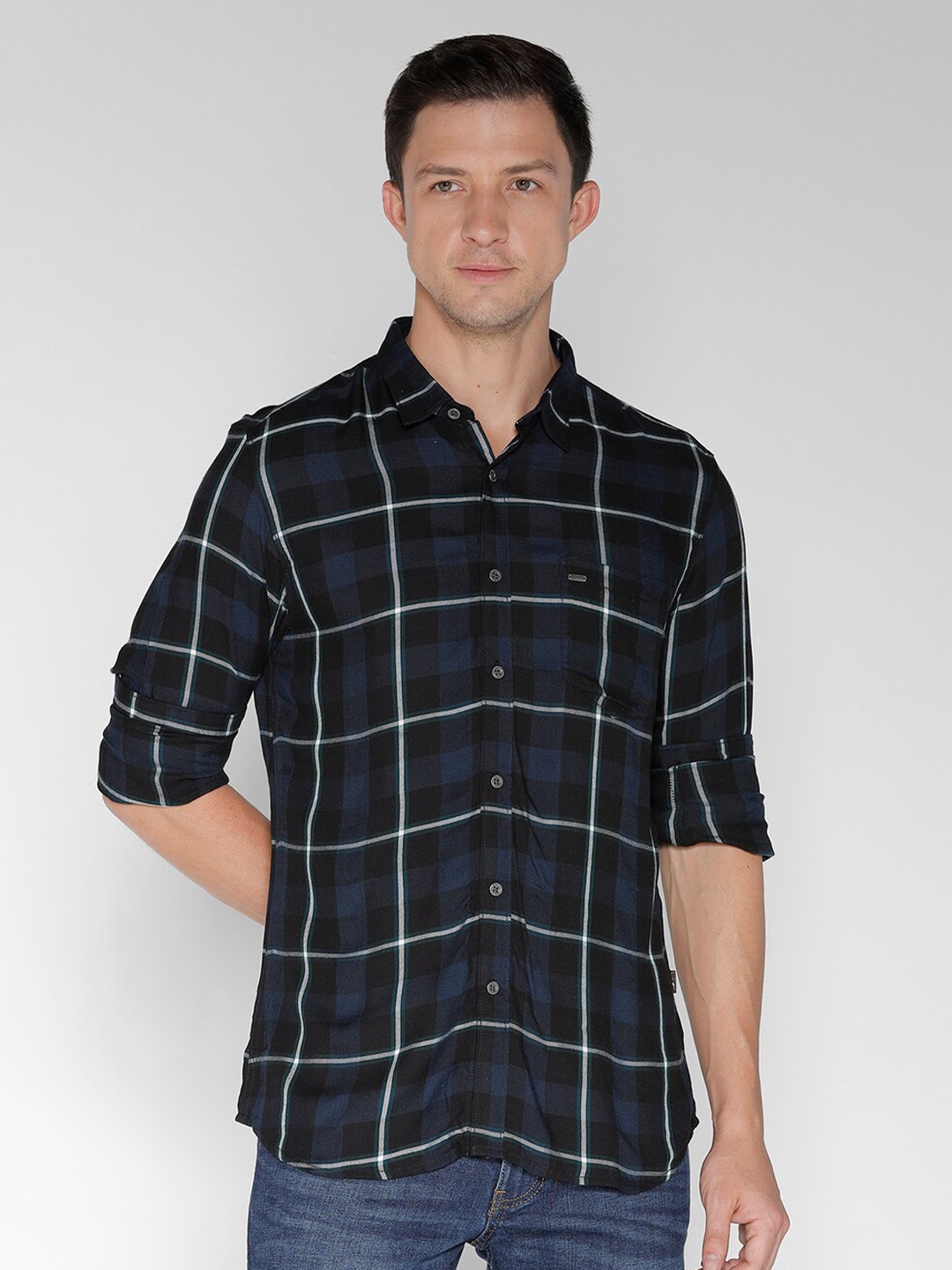 

IDENTITI Tartan Checked Slim Fit Opaque Casual Shirt, Black