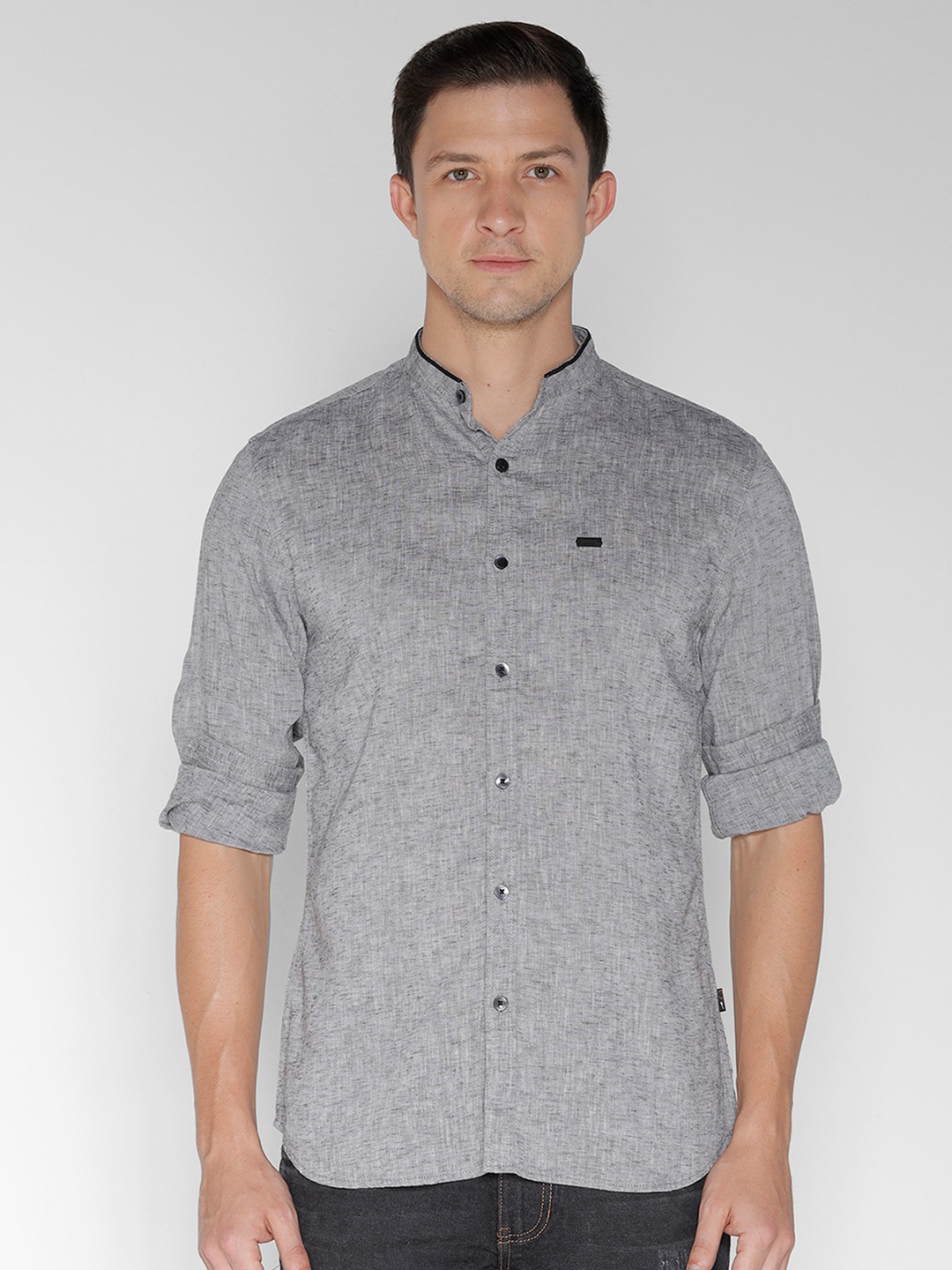 

IDENTITI Cotton Linen Mandarin Collar Slim Fit Opaque Casual Shirt, Grey