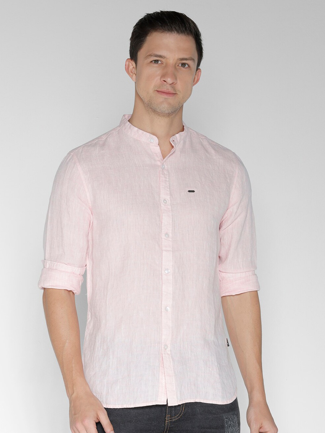 

IDENTITI Slim Fit Mandarin Collar Opaque Linen Casual Shirt, Pink