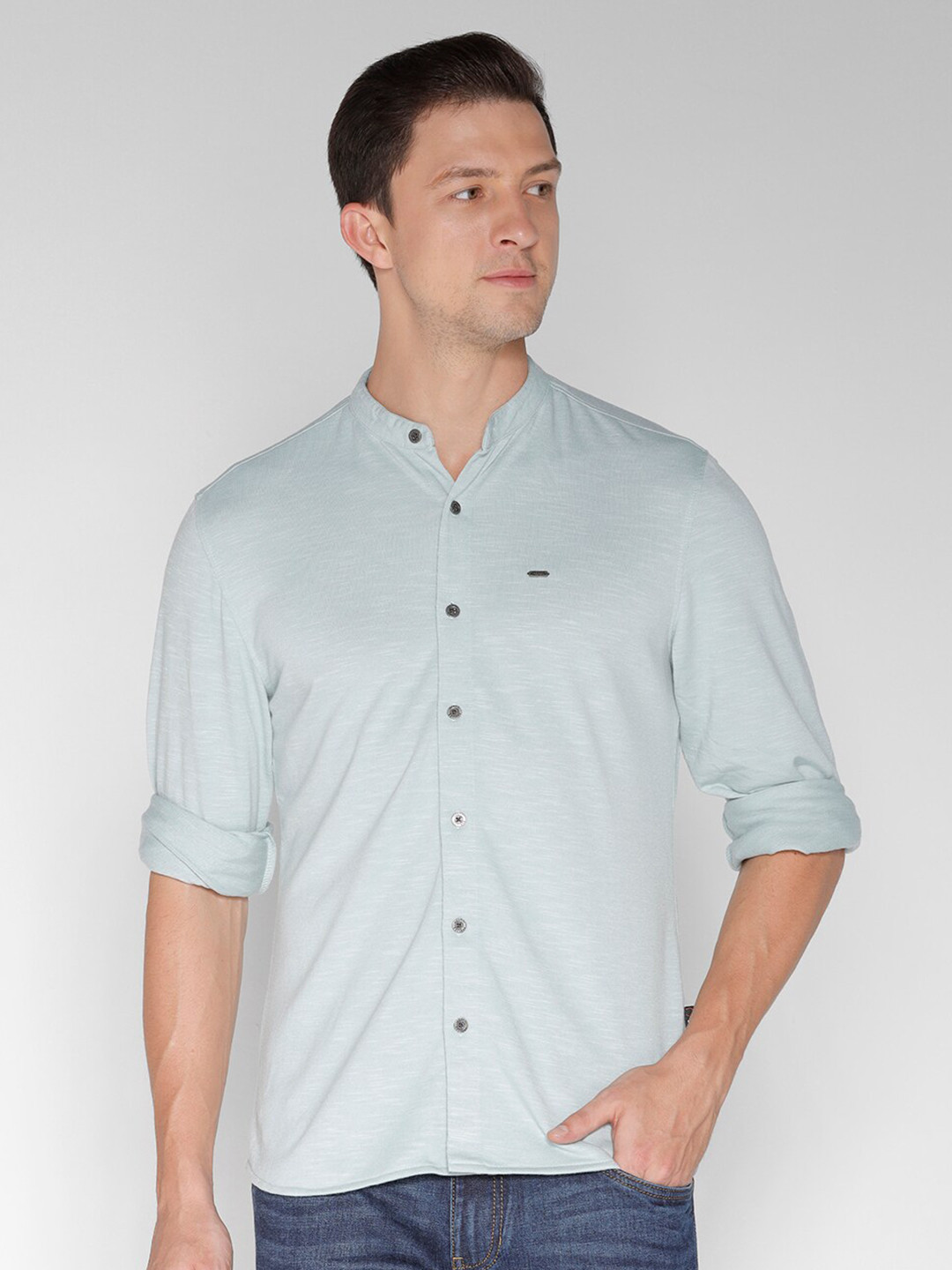 

IDENTITI Slim Fit Mandarin Collar Opaque Casual Shirt, Green