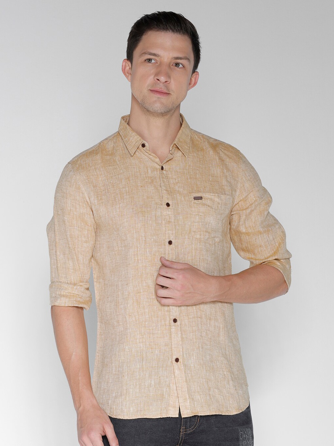 

IDENTITI Slim Fit Opaque Linen Casual Shirt, Beige
