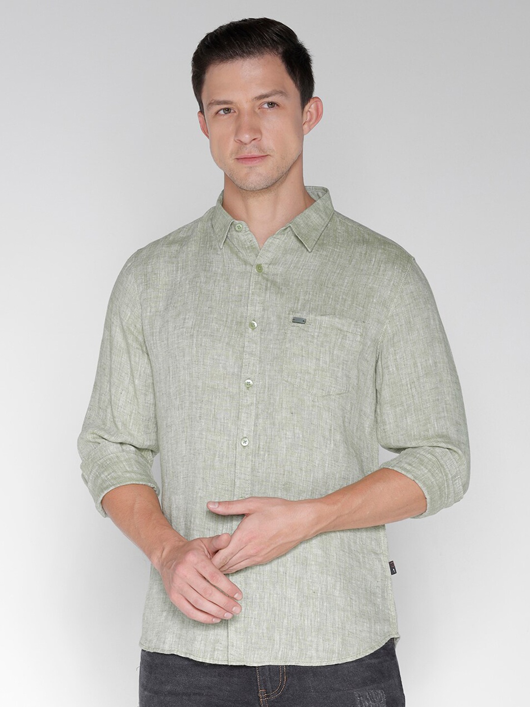 

IDENTITI Slim Fit Opaque Linen Casual Shirt, Green