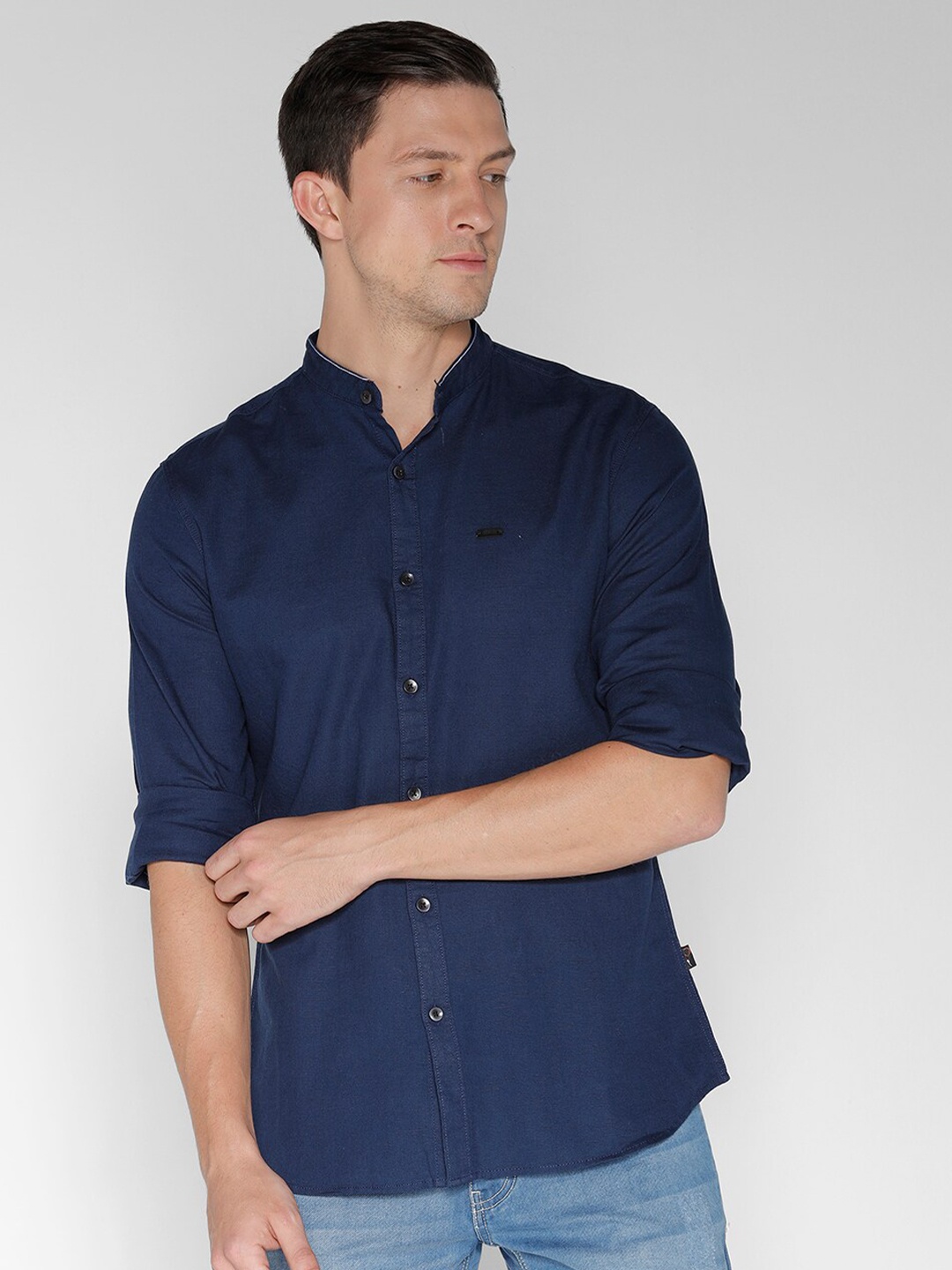 

IDENTITI India Slim Fit Band Collar Casual Cotton Linen Shirt, Navy blue