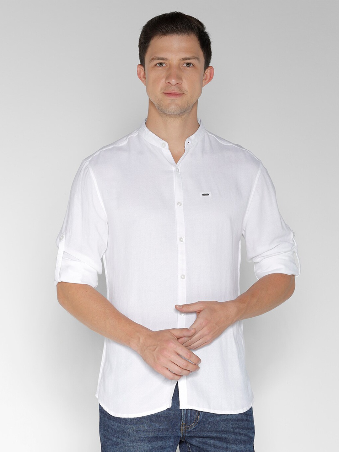 

IDENTITI India Slim Slim Fit Band Collar Roll-Up Sleeves Casual Shirt, White
