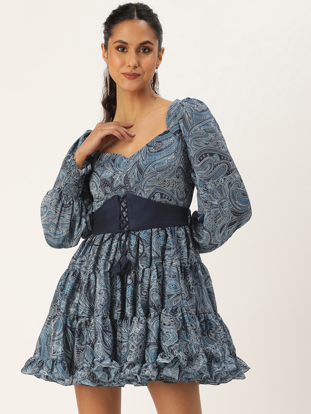 

Ethnovog Ethnic Motifs Print Puff Sleeve Fit & Flare Mini Dress, Multi