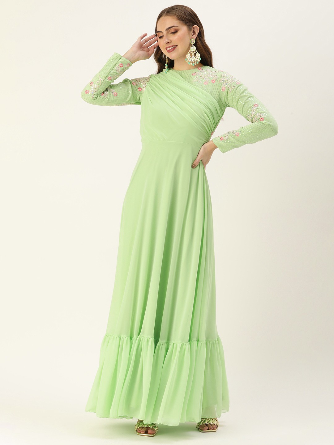 

Ethnovog Floral Embroidered Georgette A-Line Maxi Dress, Green