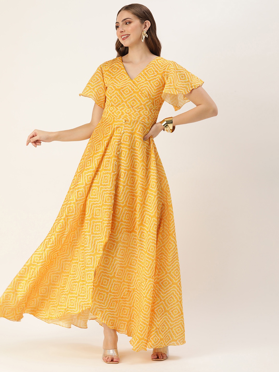 

Ethnovog Printed Flared Sleeve Wrap Maxi Dress, Yellow