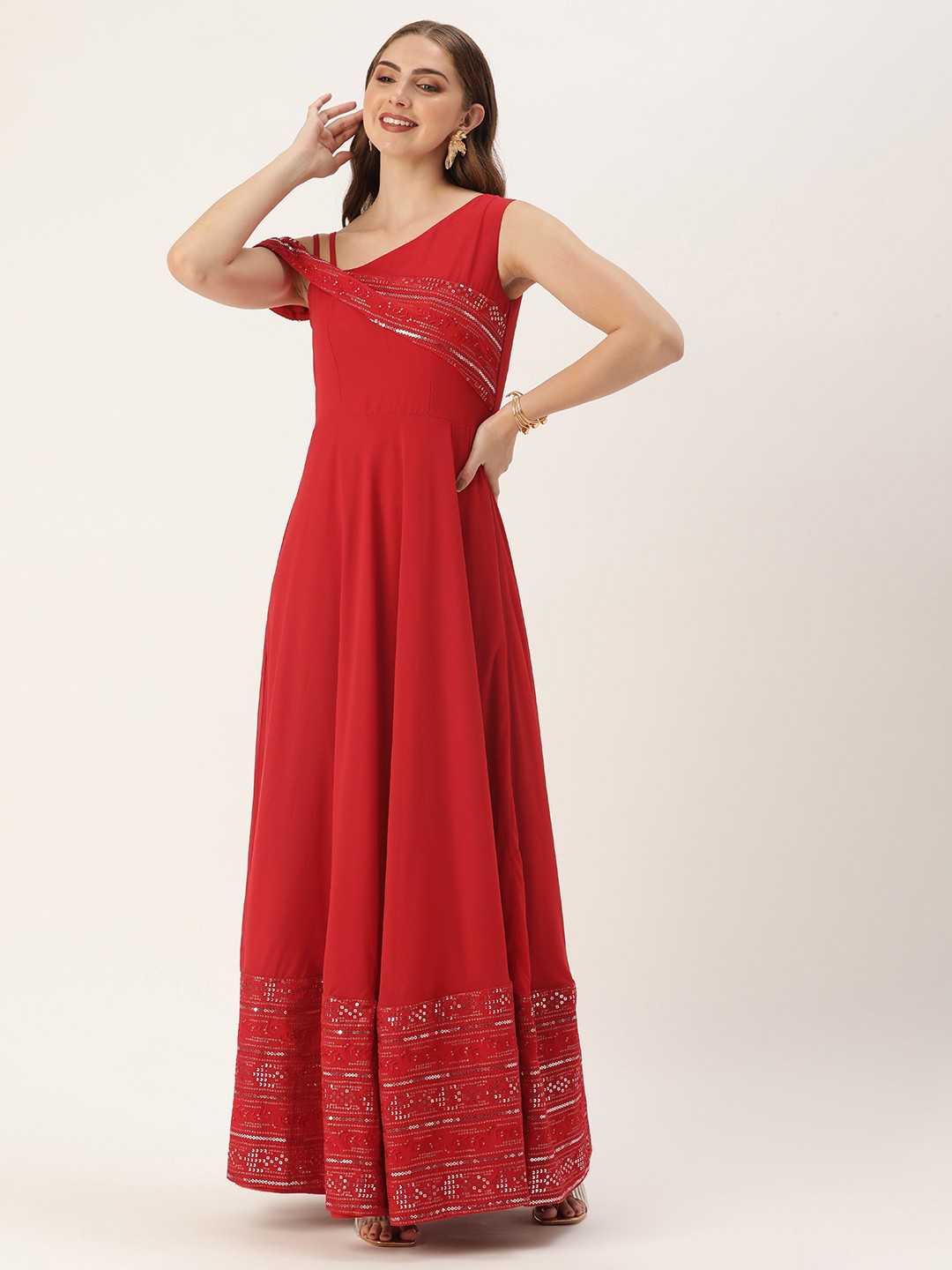

Ethnovog Floral Embroidered Sequined Georgette A-Line Maxi Dress, Red