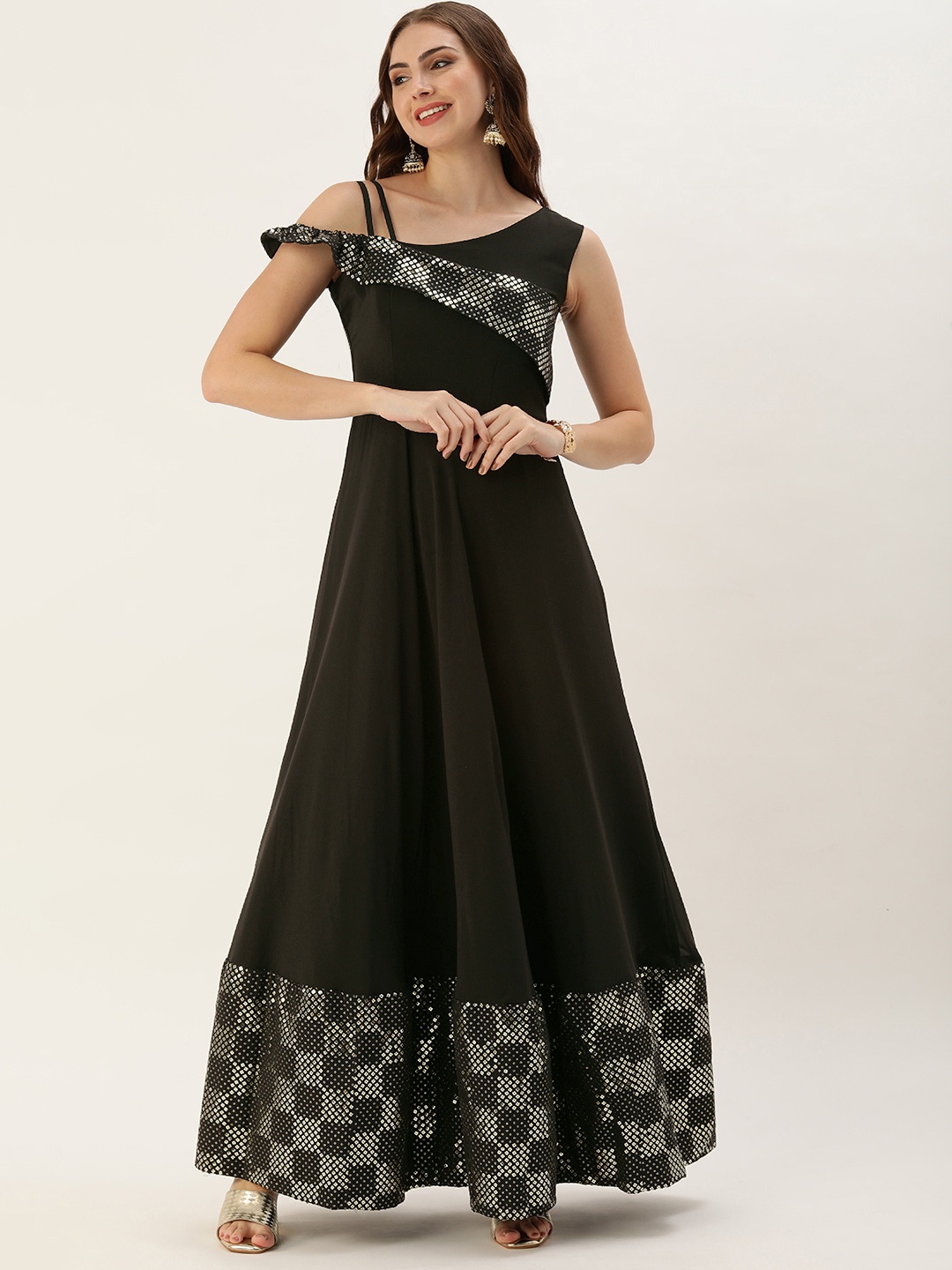 

Ethnovog Embellished Sequined Georgette Ethnic Gown Dress, Black