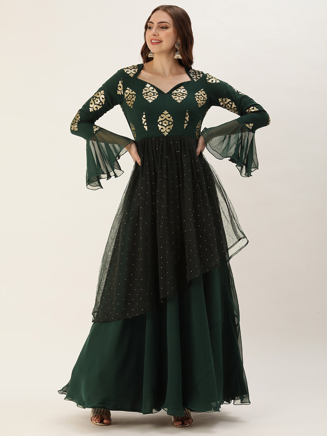 

Ethnovog Embellished Sequined Georgette Ethnic Gown Dress, Green