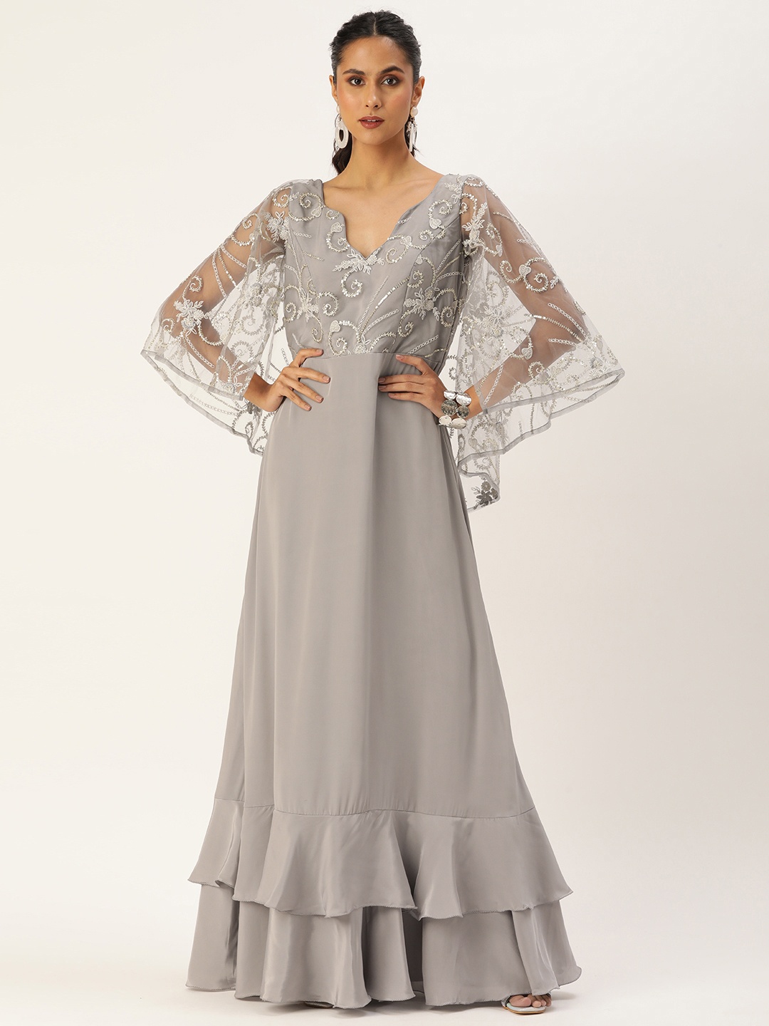 

Ethnovog Grey Floral Embroidered Cape Sleeve Maxi Dress