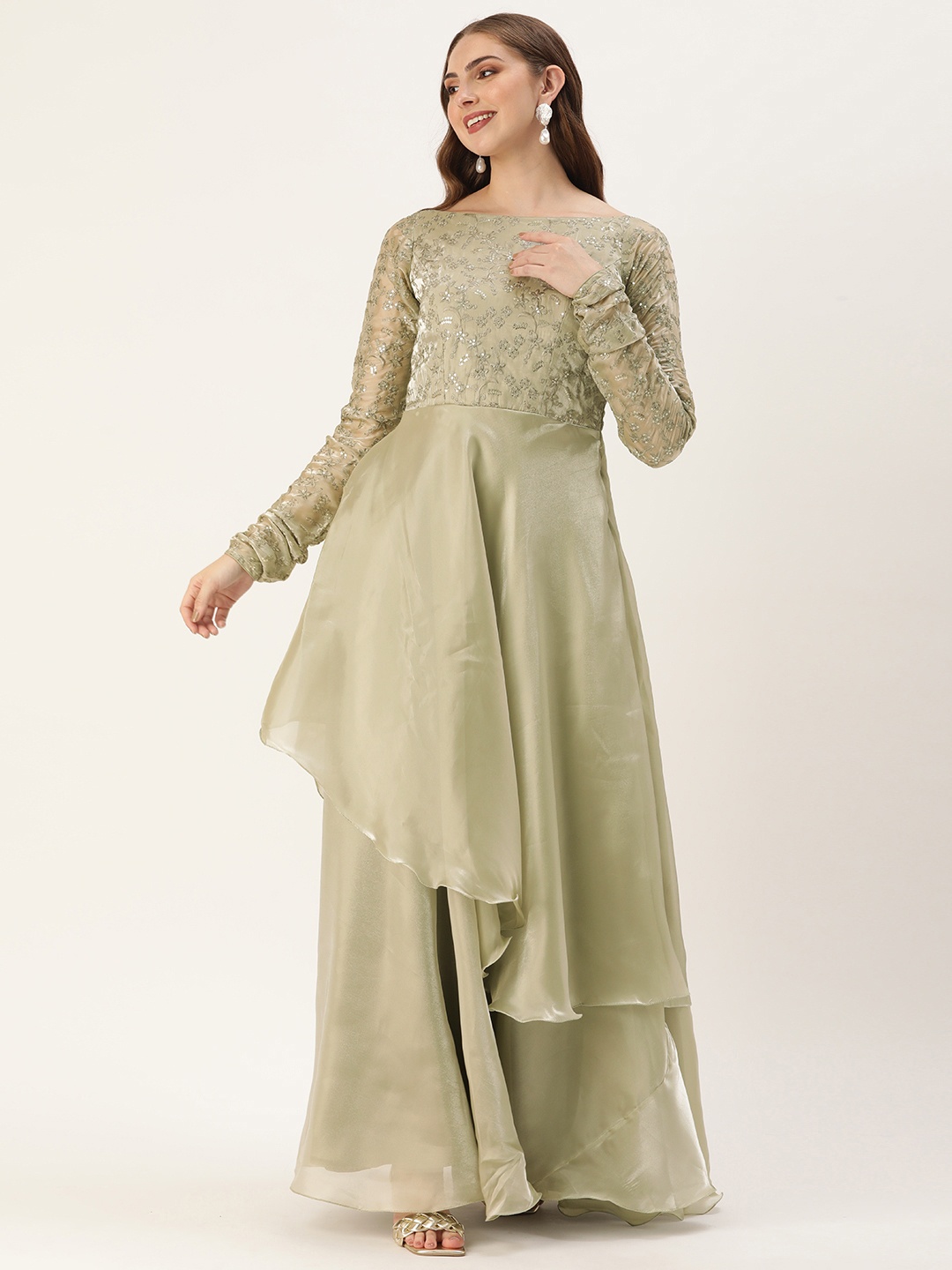 

Ethnovog Floral Embroidered Sequinned Maxi Dress, Grey