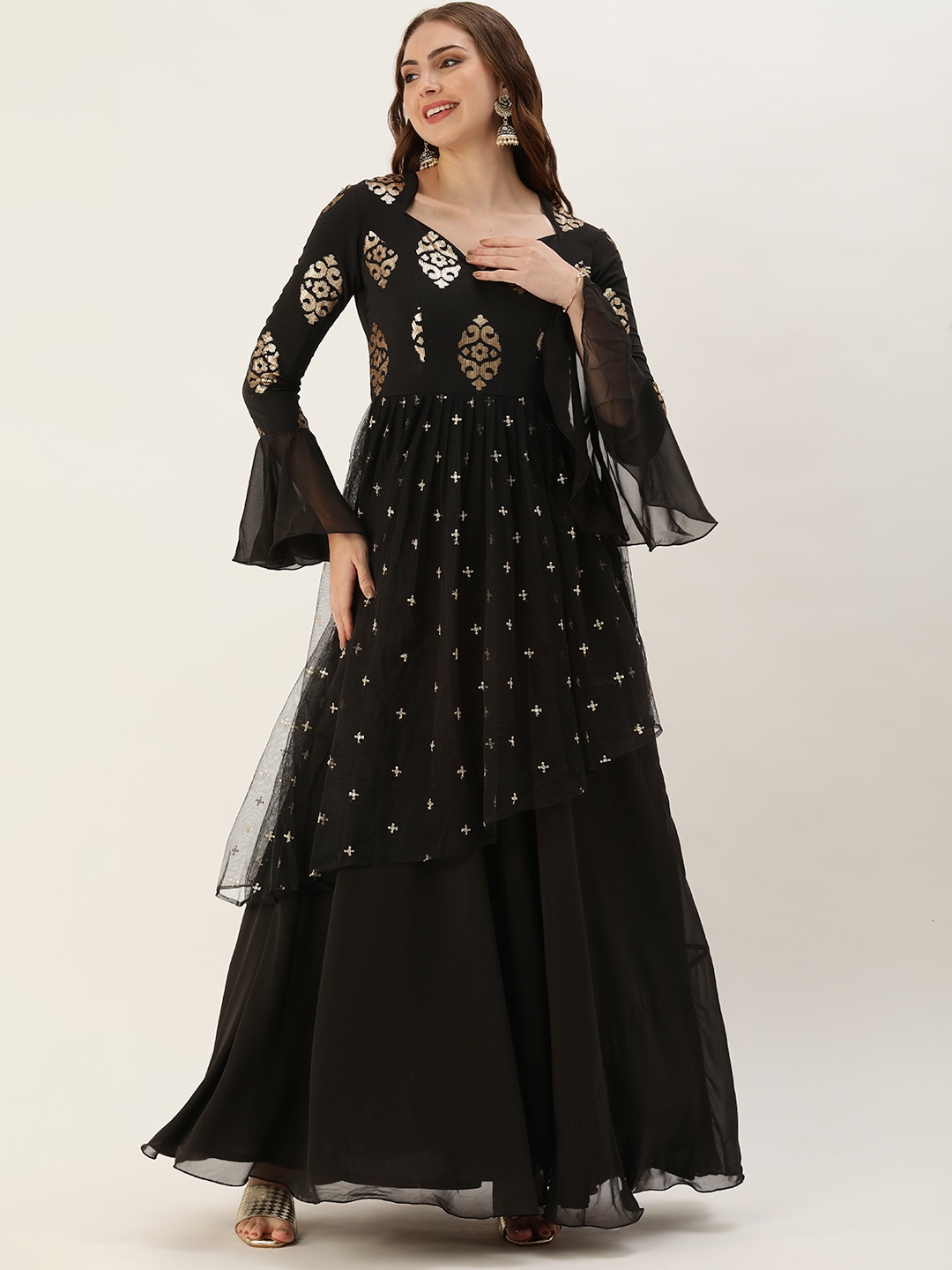 

Ethnovog Embellished Layered Georgette Ethnic Gown Dress, Black