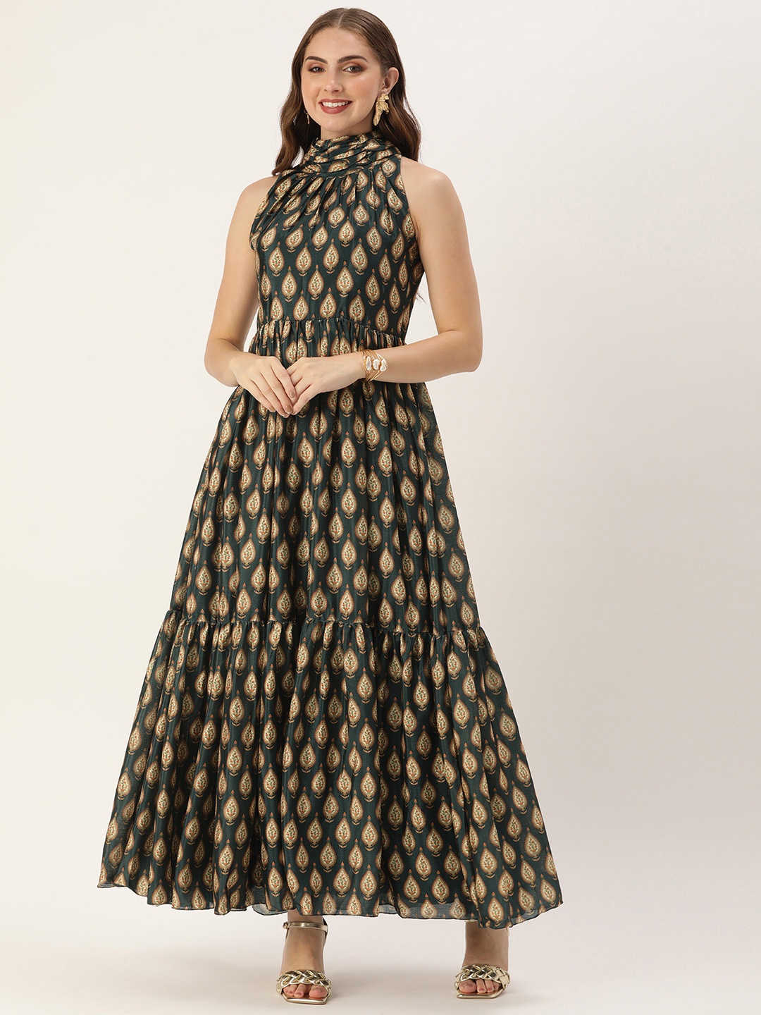 Ethnovog Ethnic Motifs Print A-Line Maxi Dress, Green
